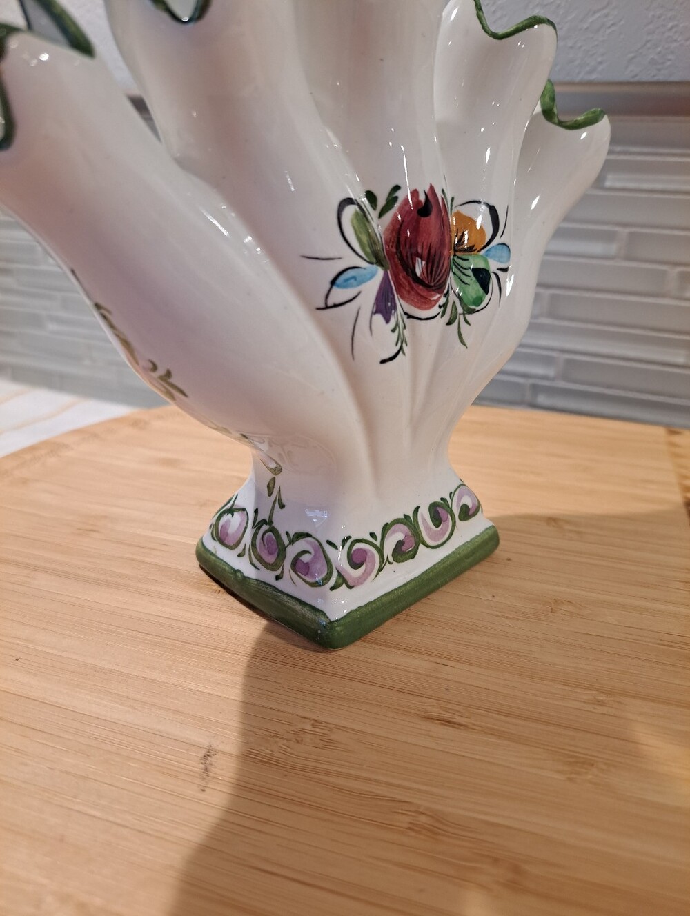 Vtg Portugal Leart 5 Finger Bud Vase Flower Floral Green White Pedestal 412 - Picture 2 of 6